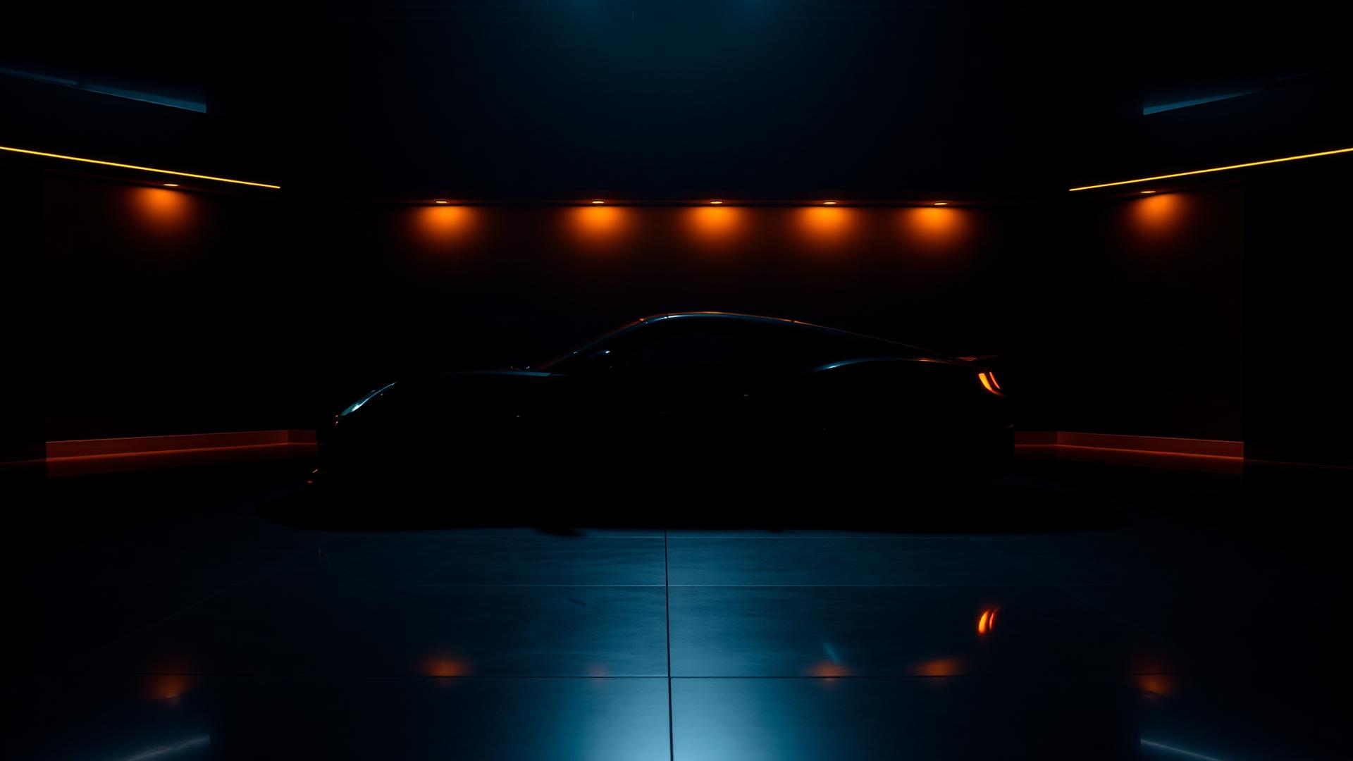 Showroom Garage Prime com carro esportivo iluminado